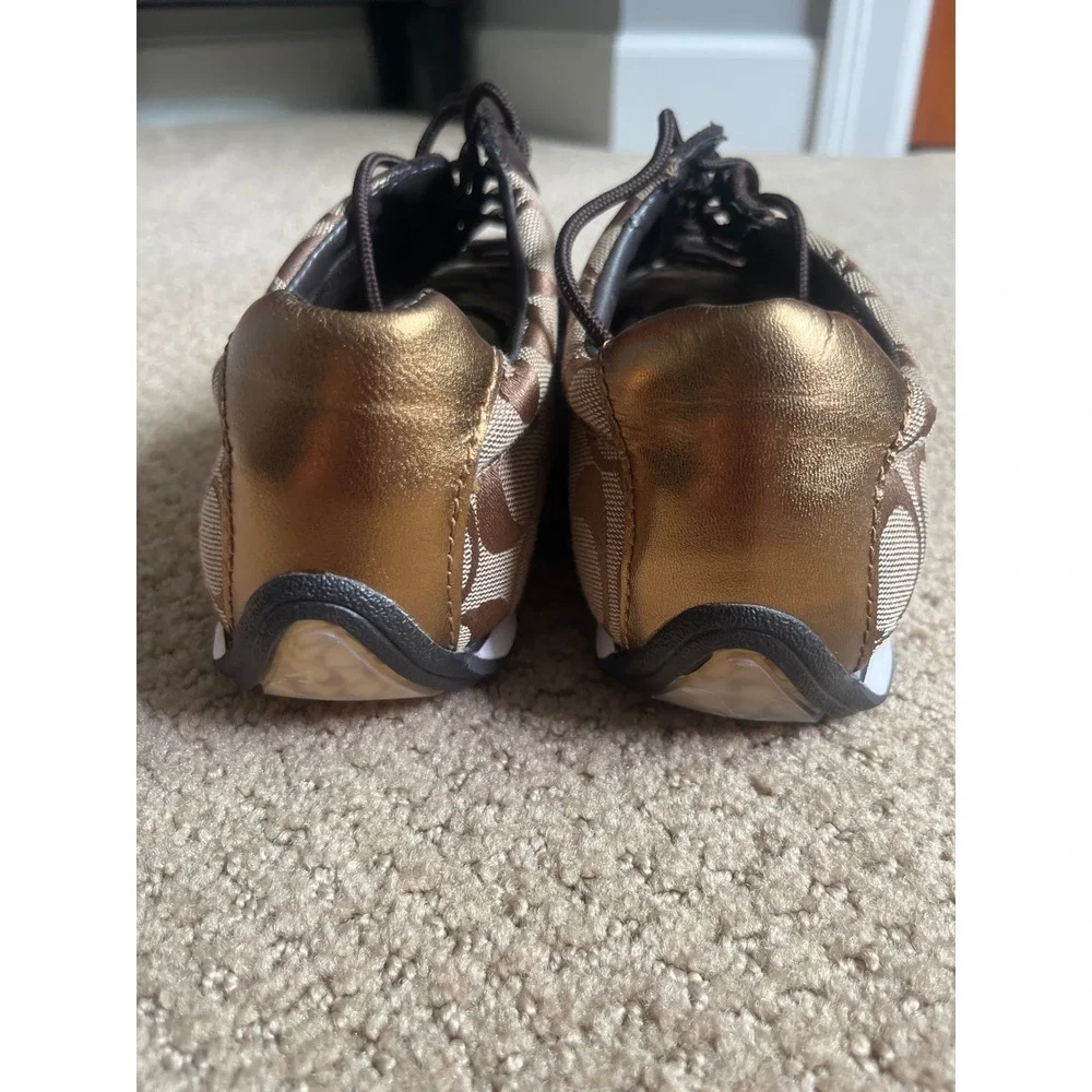 Coach Womens Signature Jacquard Sneakers Brown Gold Metallic Logo Shoes Low Top